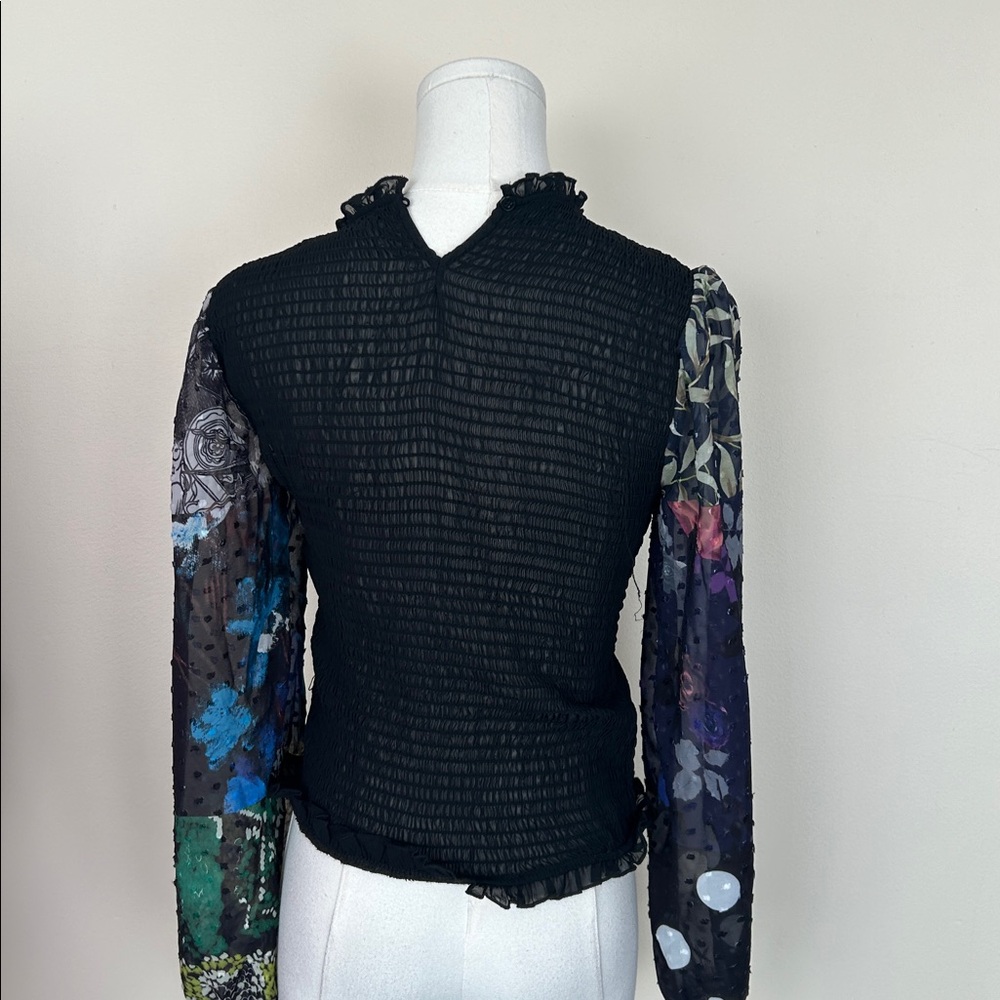 DESIGUAL Sheer Black Floral Sleeve Top size small - Picture 6 of 12